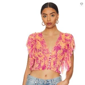 Free People "Sugar" Orange & Pink Flutter Sleeve Mesh Crop Top
